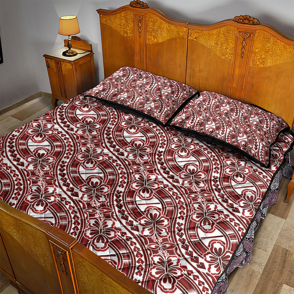 Hibiscus Bloom Island Tribal Waves Quilt Bed Set Red Polynesian Pattern