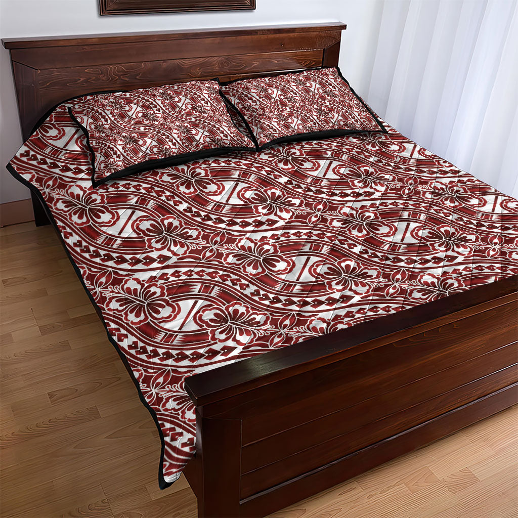 Hibiscus Bloom Island Tribal Waves Quilt Bed Set Red Polynesian Pattern