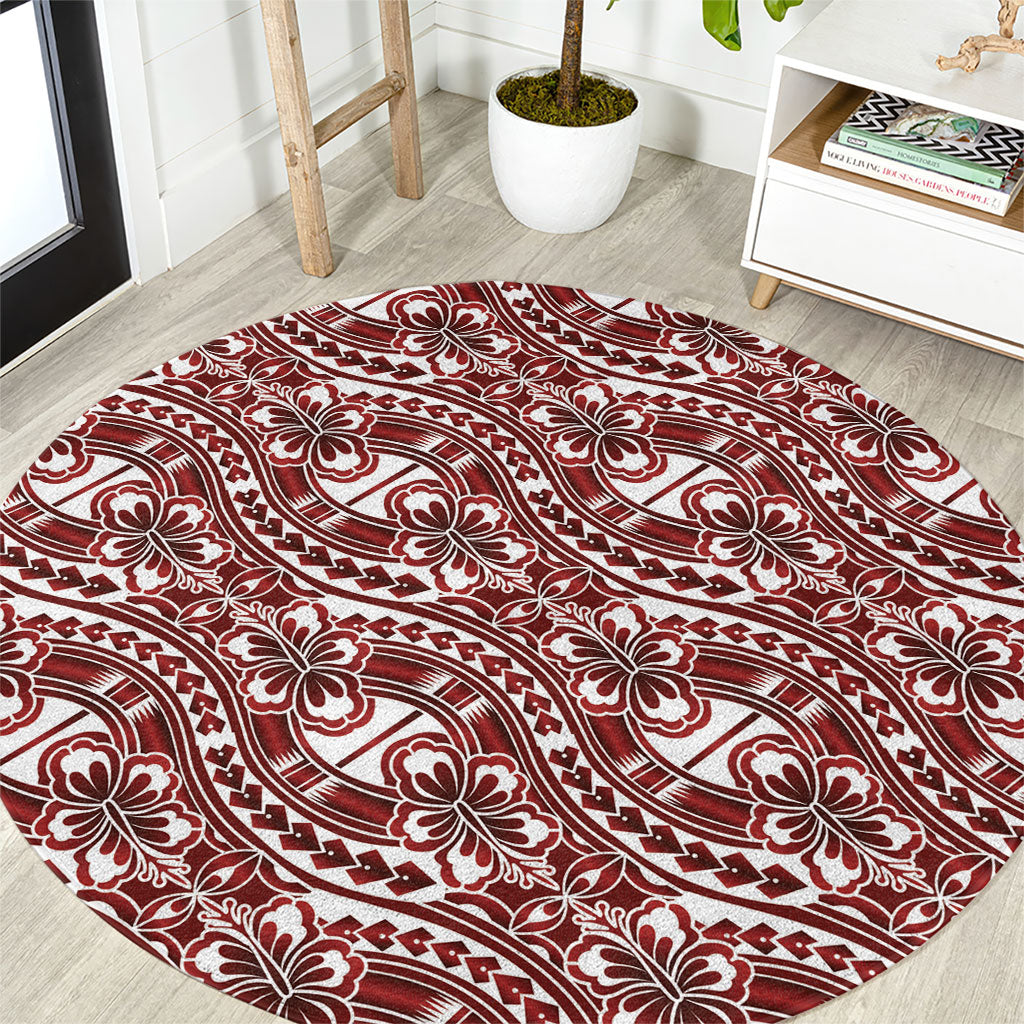 Hibiscus Bloom Island Tribal Waves Round Carpet Red Polynesian Pattern
