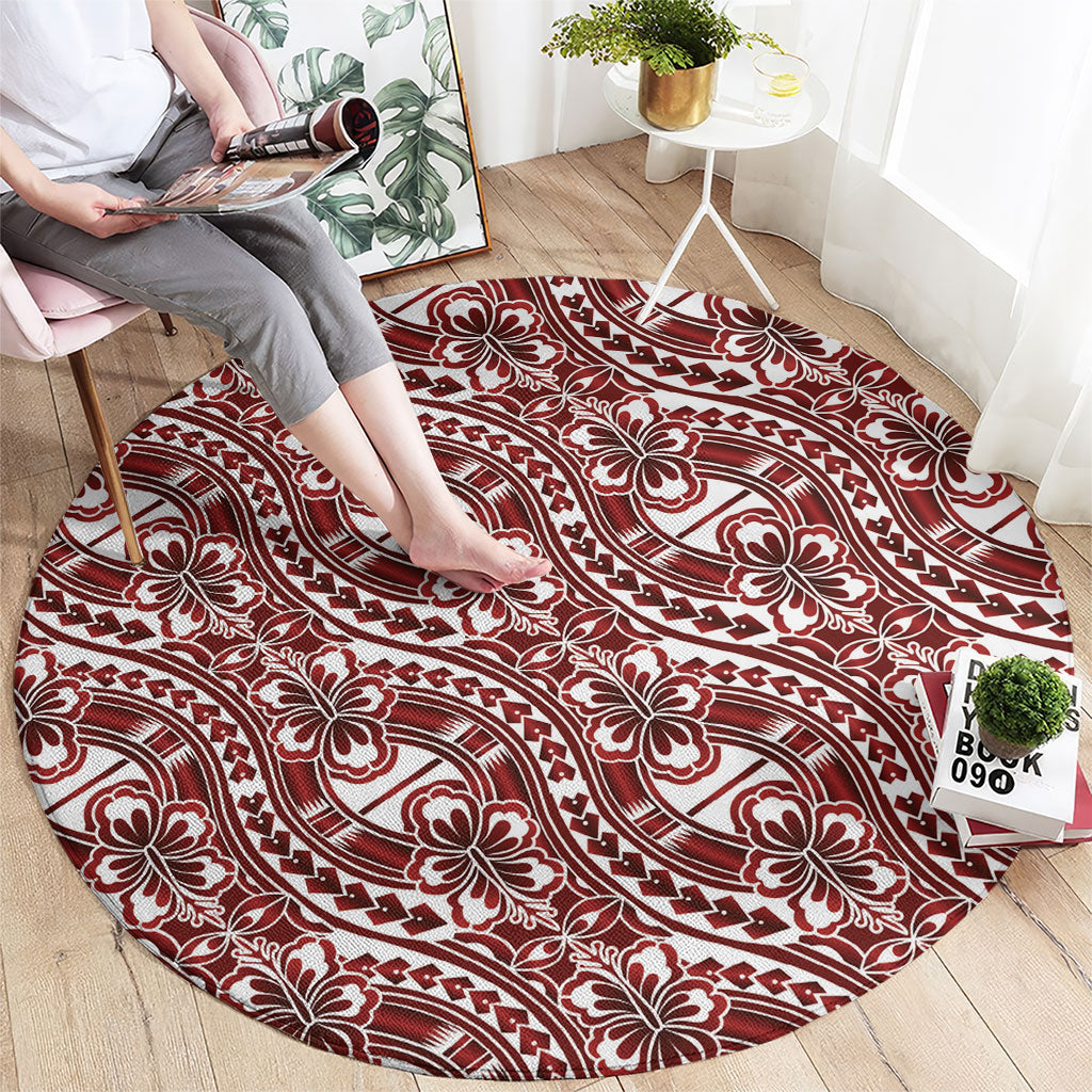 Hibiscus Bloom Island Tribal Waves Round Carpet Red Polynesian Pattern