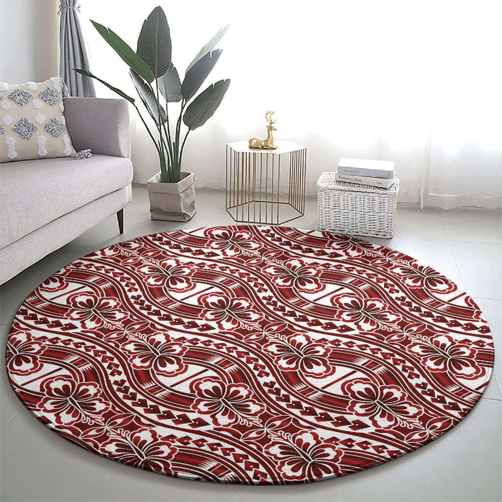 Hibiscus Bloom Island Tribal Waves Round Carpet Red Polynesian Pattern