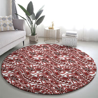 Hibiscus Bloom Island Tribal Waves Round Carpet Red Polynesian Pattern