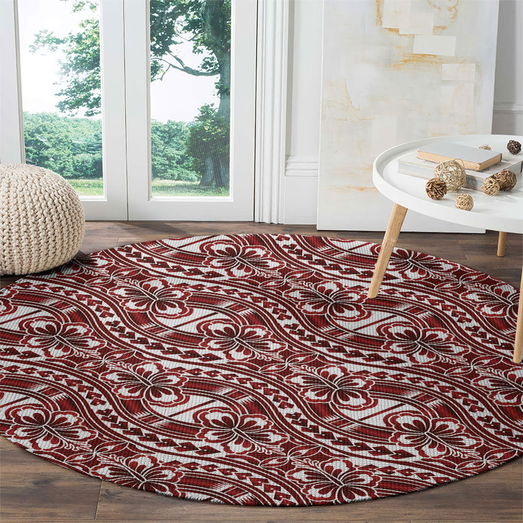 Hibiscus Bloom Island Tribal Waves Round Carpet Red Polynesian Pattern