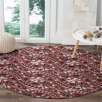 Hibiscus Bloom Island Tribal Waves Round Carpet Red Polynesian Pattern