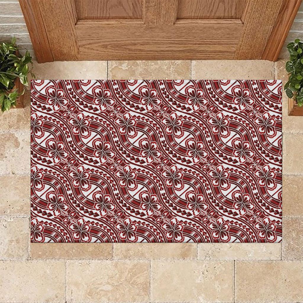 Hibiscus Bloom Island Tribal Waves Rubber Doormat Red Polynesian Pattern
