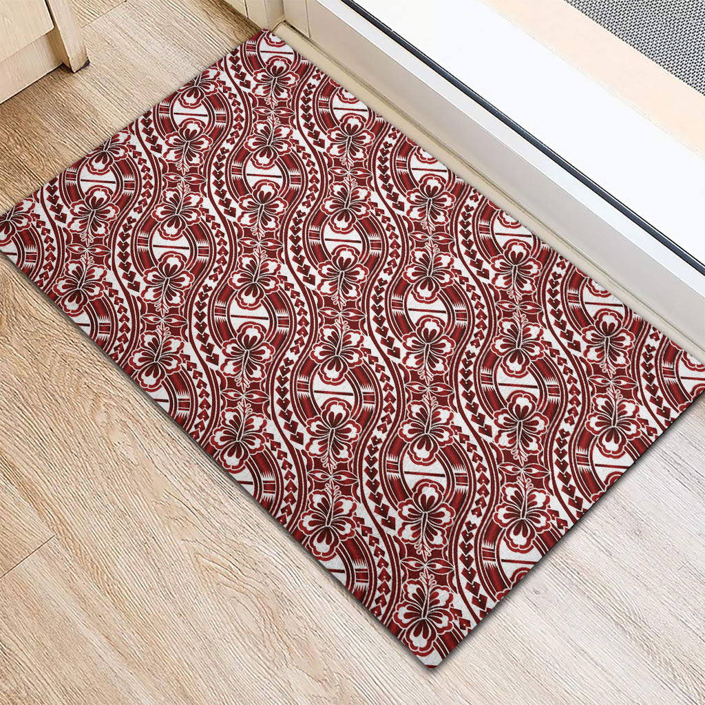 Hibiscus Bloom Island Tribal Waves Rubber Doormat Red Polynesian Pattern