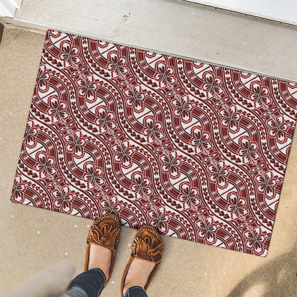 Hibiscus Bloom Island Tribal Waves Rubber Doormat Red Polynesian Pattern