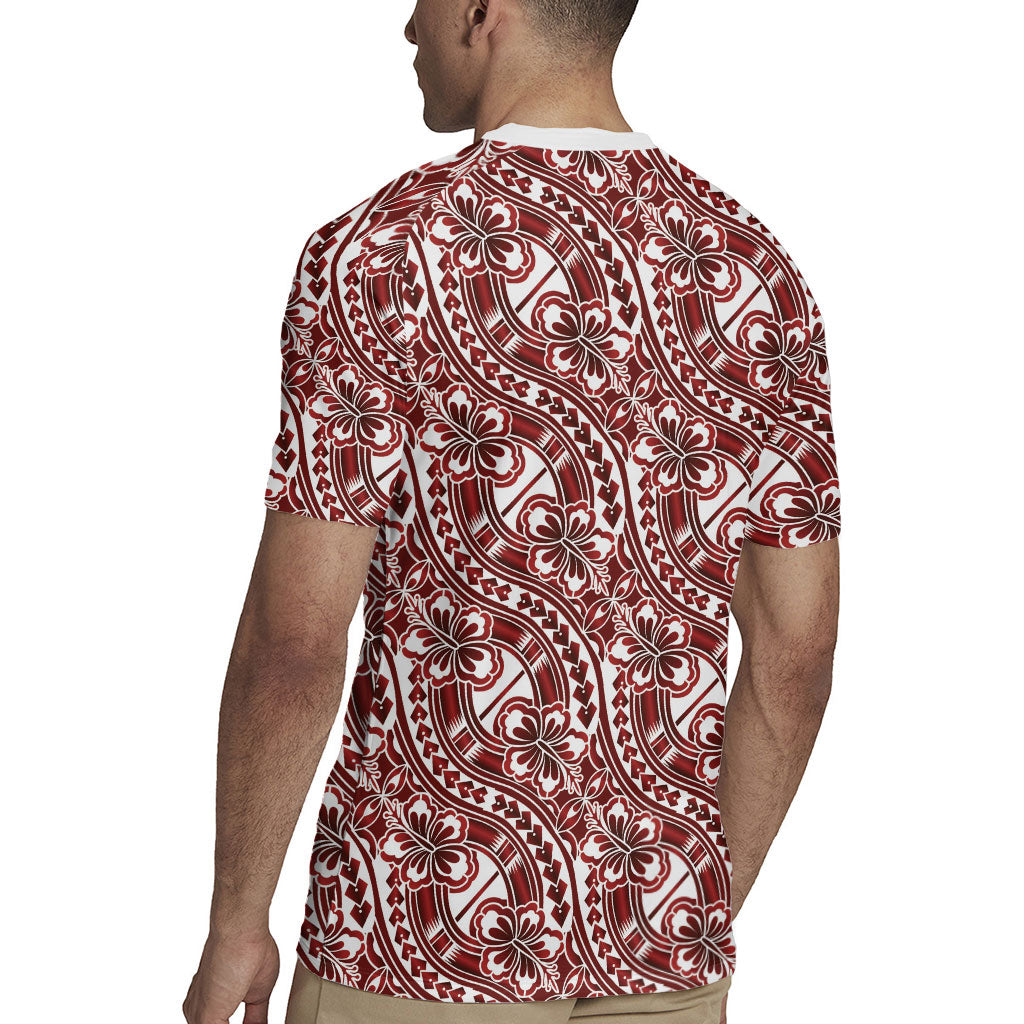 Hibiscus Bloom Island Tribal Waves Rugby Jersey Red Polynesian Pattern LT01 - Polynesian Pride
