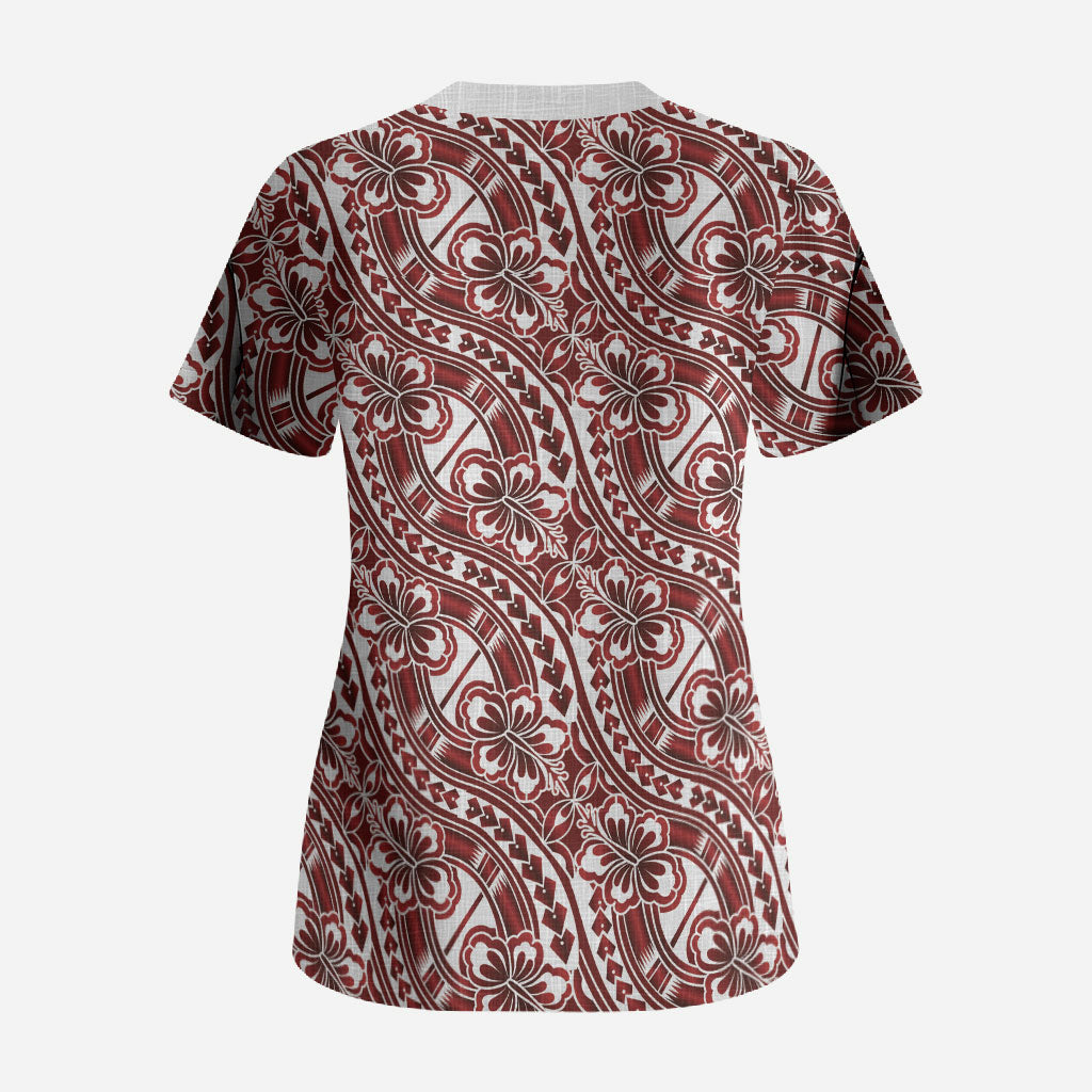 Hibiscus Bloom Island Tribal Waves Scrub Top Red Polynesian Pattern