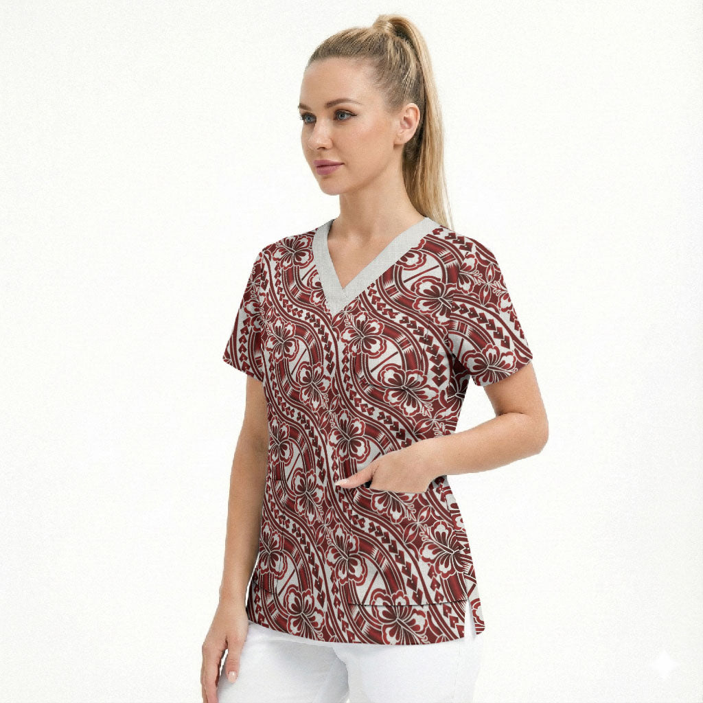 Hibiscus Bloom Island Tribal Waves Scrub Top Red Polynesian Pattern