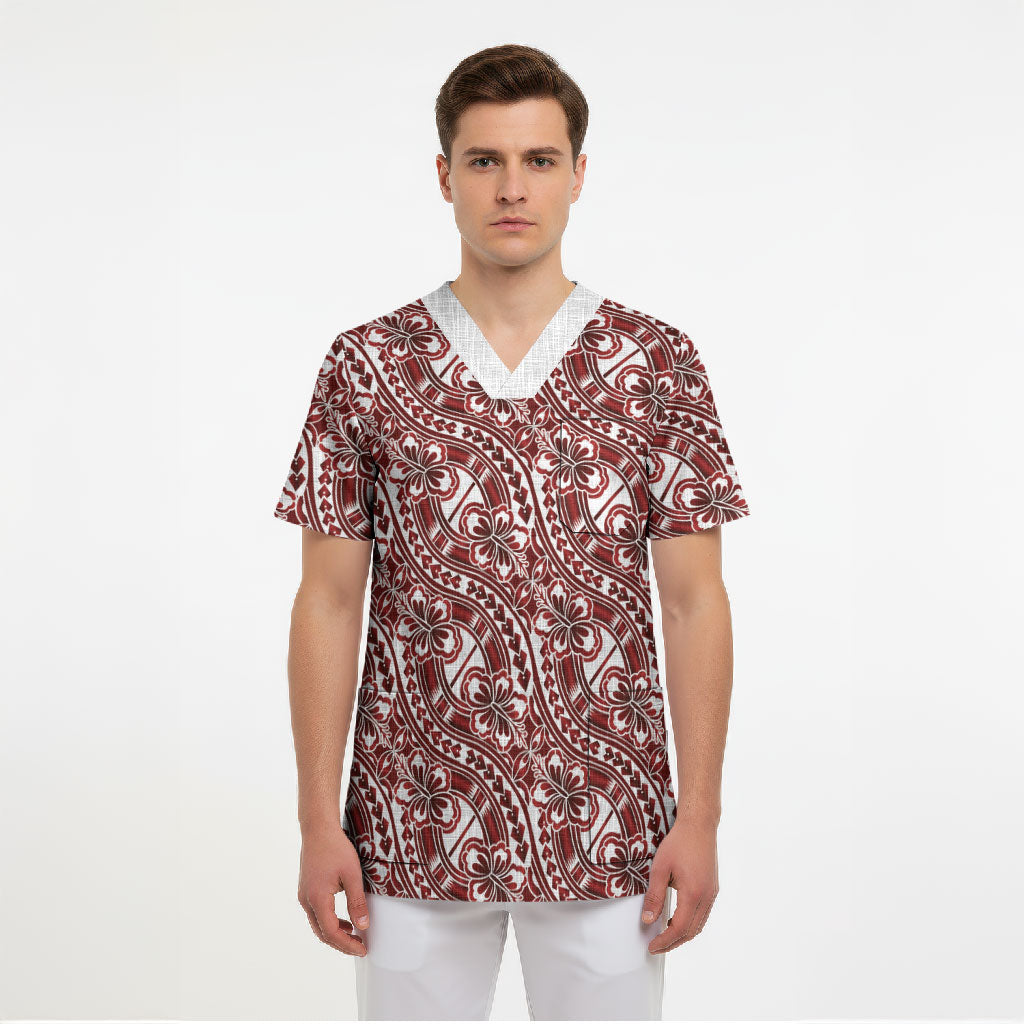 Hibiscus Bloom Island Tribal Waves Scrub Top Red Polynesian Pattern