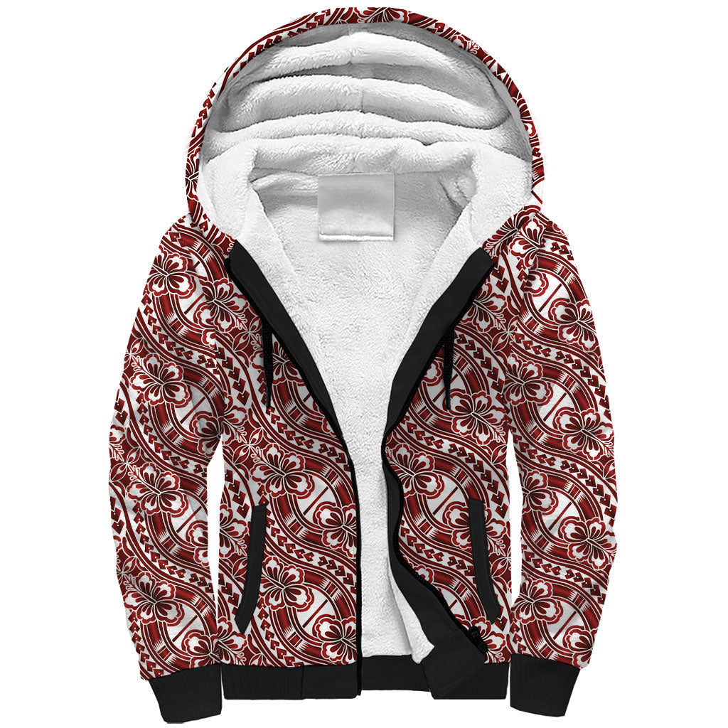 Hibiscus Bloom Island Tribal Waves Sherpa Hoodie Red Polynesian Pattern LT01 Unisex Red - Polynesian Pride