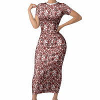 Hibiscus Bloom Island Tribal Waves Short Sleeve Bodycon Dress Red Polynesian Pattern LT01 Long Dress Red - Polynesian Pride