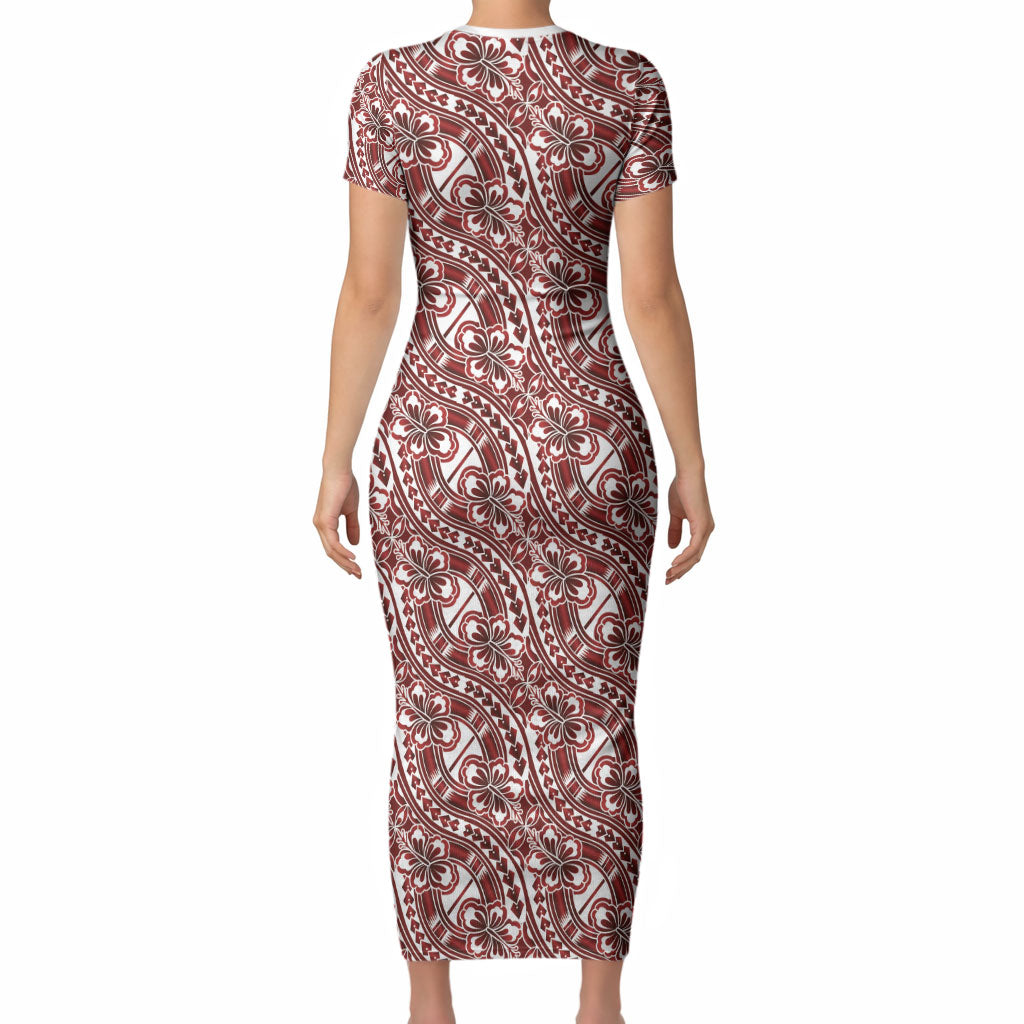 Hibiscus Bloom Island Tribal Waves Short Sleeve Bodycon Dress Red Polynesian Pattern LT01 - Polynesian Pride