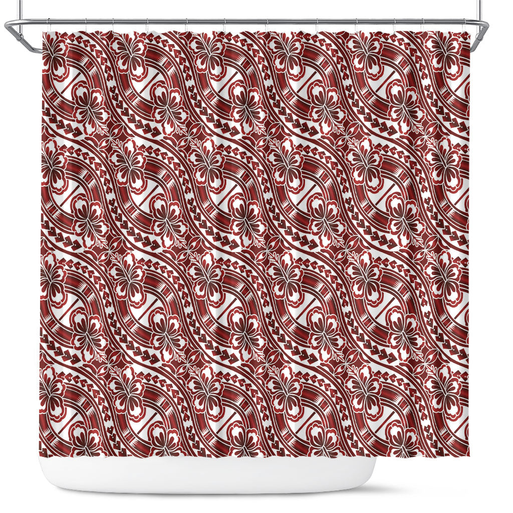 Hibiscus Bloom Island Tribal Waves Shower Curtain Red Polynesian Pattern