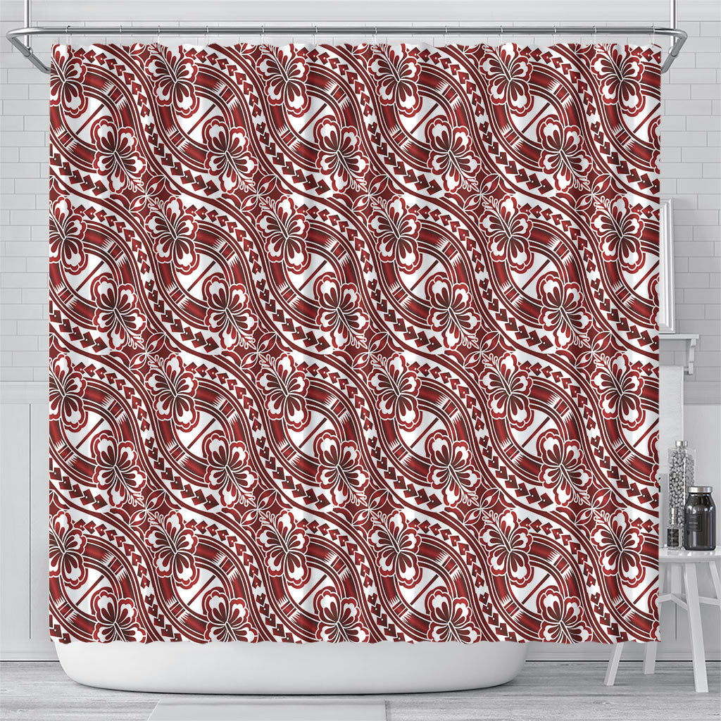 Hibiscus Bloom Island Tribal Waves Shower Curtain Red Polynesian Pattern