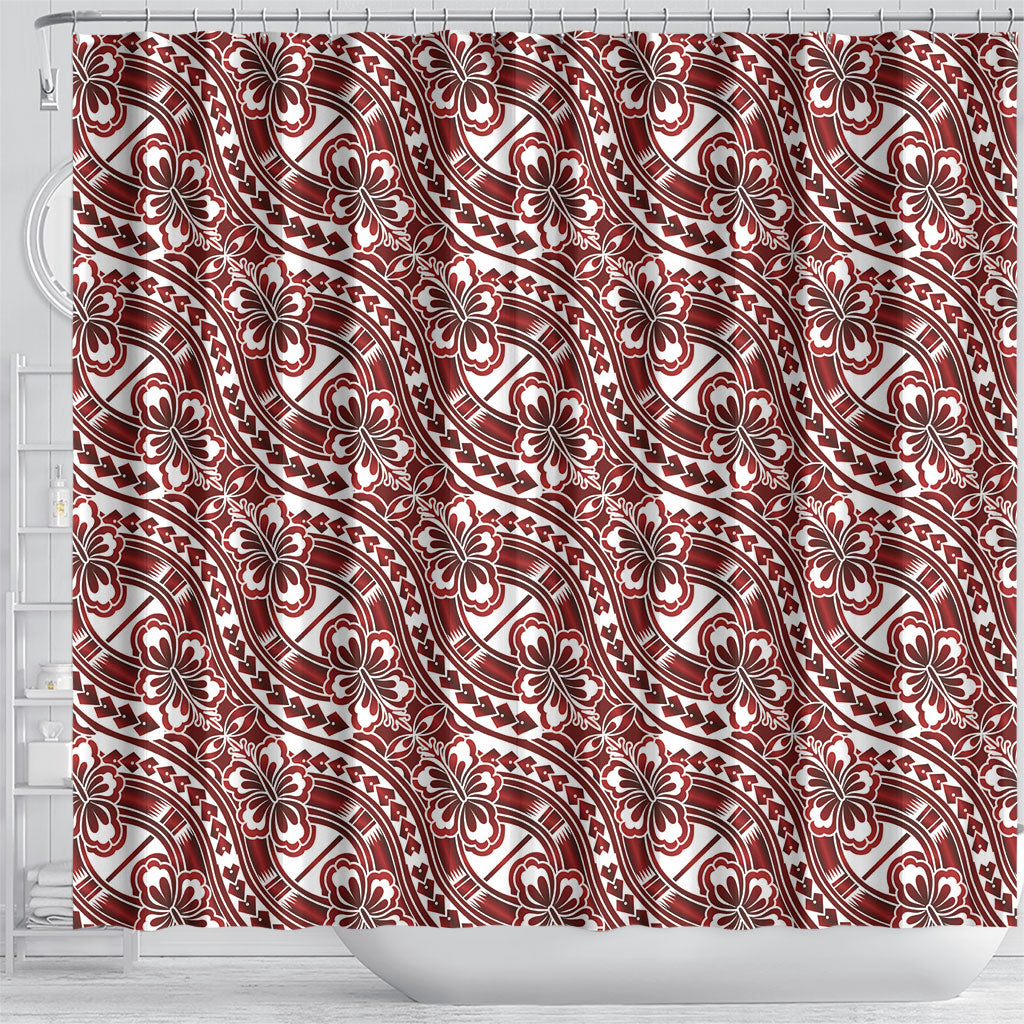 Hibiscus Bloom Island Tribal Waves Shower Curtain Red Polynesian Pattern