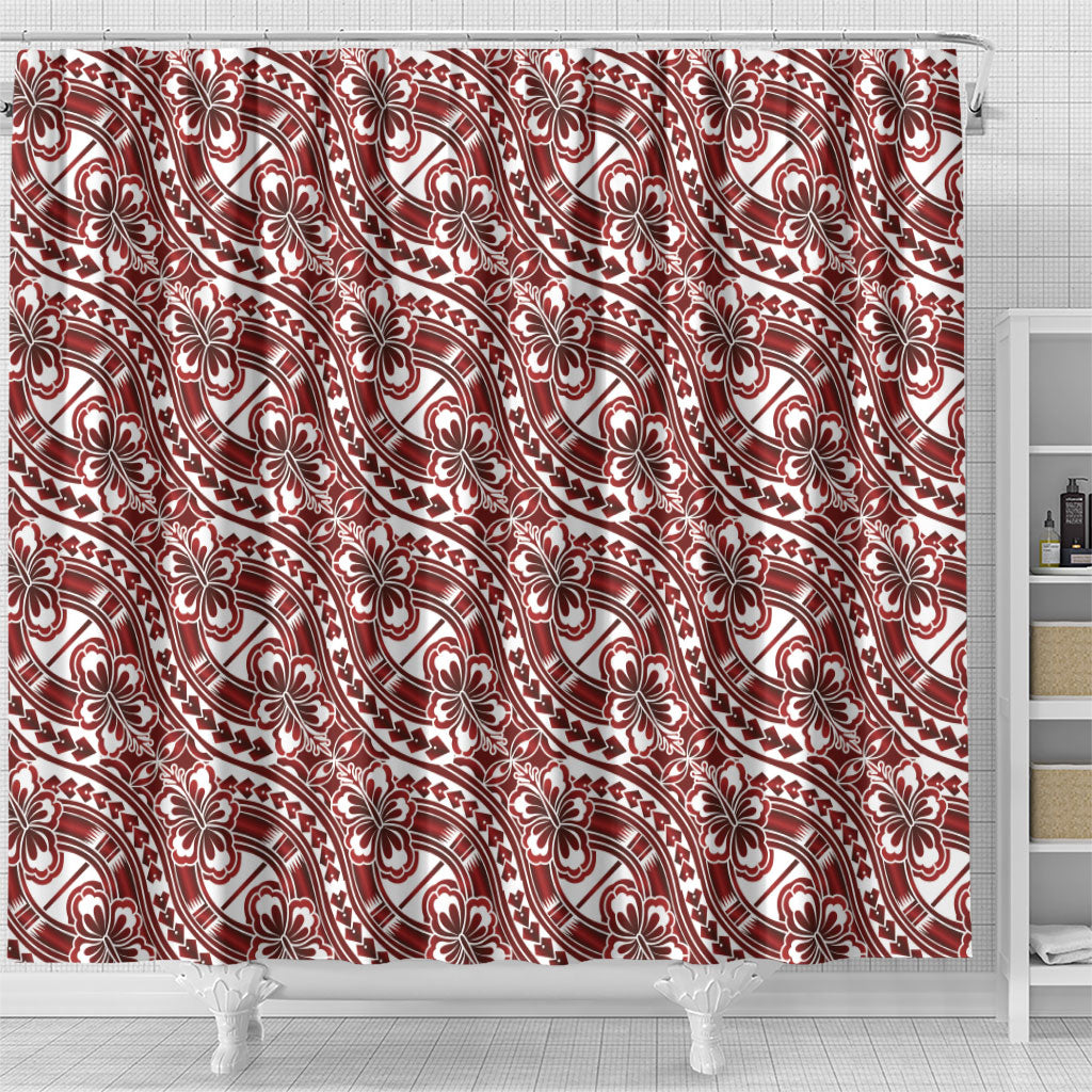 Hibiscus Bloom Island Tribal Waves Shower Curtain Red Polynesian Pattern