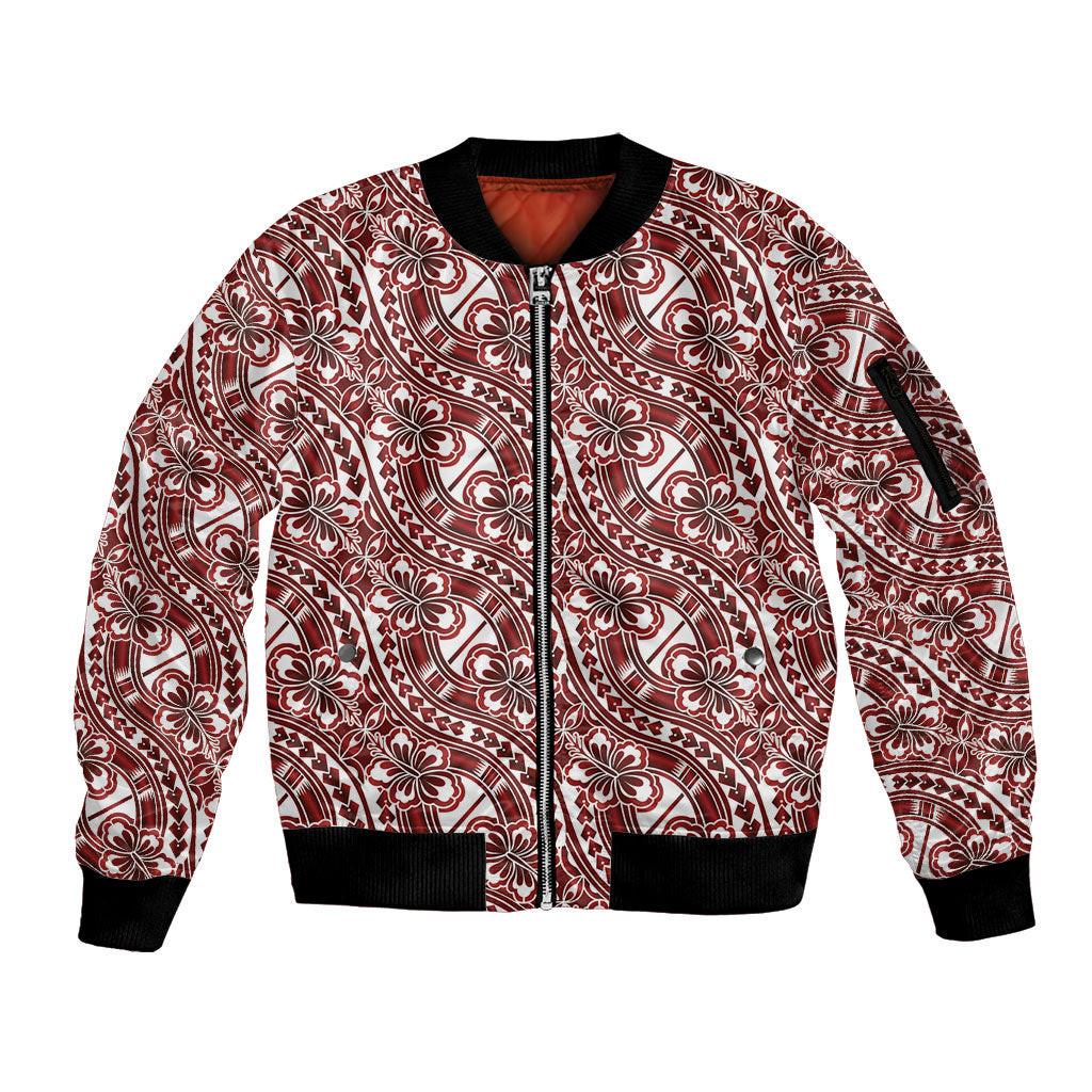 Hibiscus Bloom Island Tribal Waves Sleeve Zip Bomber Jacket Red Polynesian Pattern