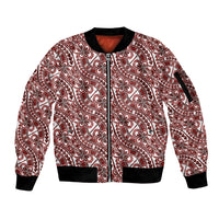 Hibiscus Bloom Island Tribal Waves Sleeve Zip Bomber Jacket Red Polynesian Pattern