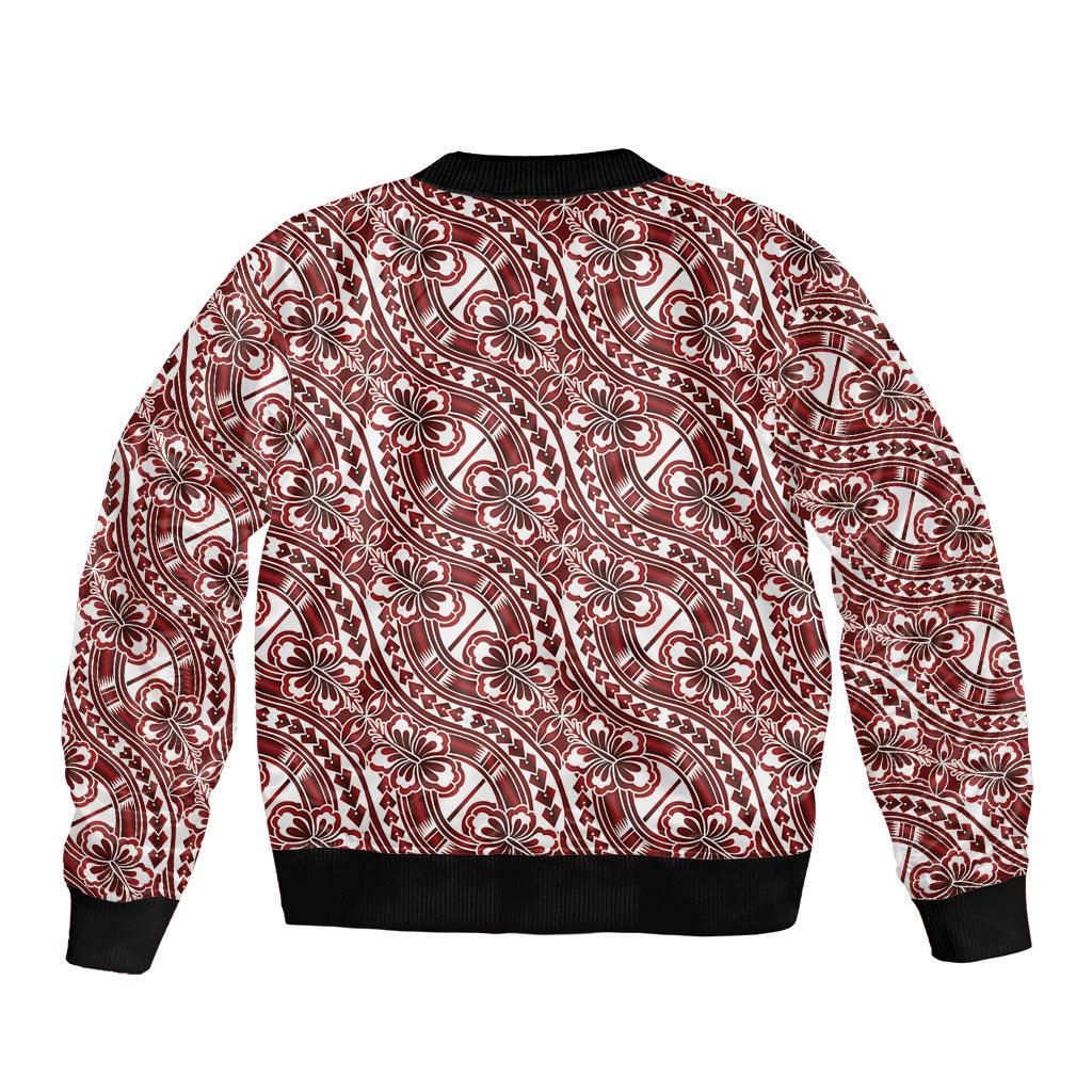Hibiscus Bloom Island Tribal Waves Sleeve Zip Bomber Jacket Red Polynesian Pattern