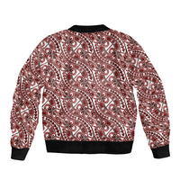 Hibiscus Bloom Island Tribal Waves Sleeve Zip Bomber Jacket Red Polynesian Pattern