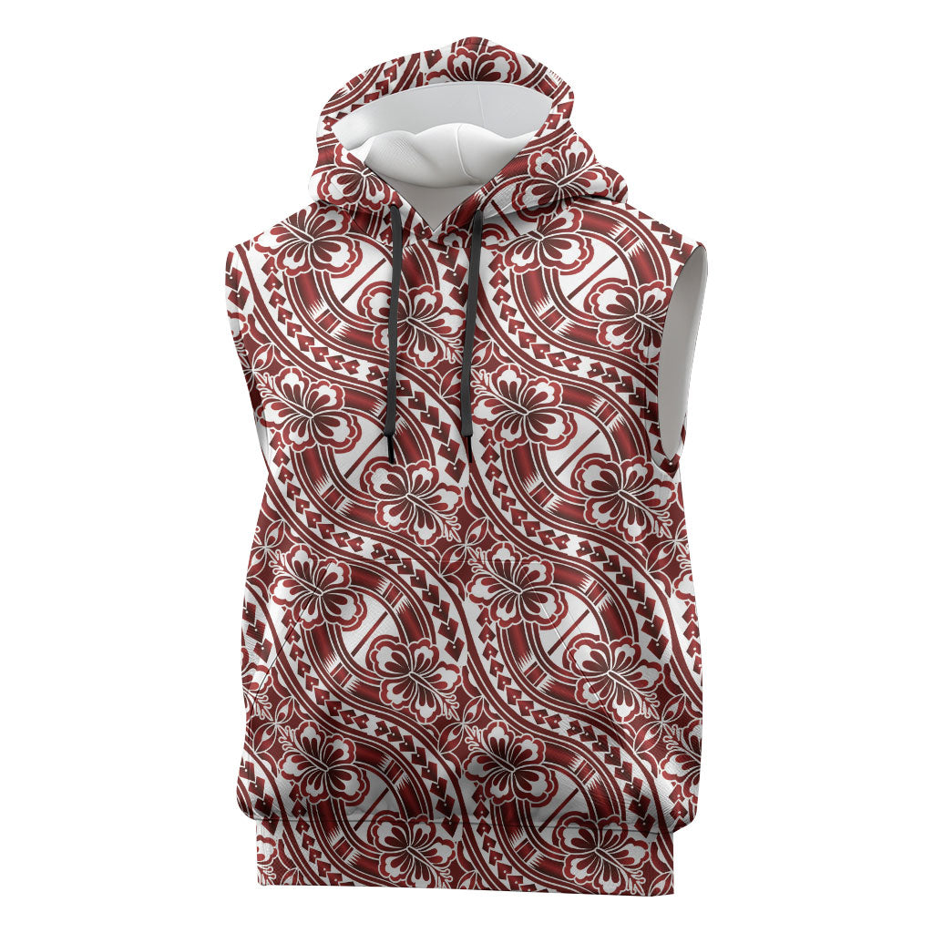 Hibiscus Bloom Island Tribal Waves Sleeveless Hoodie Red Polynesian Pattern