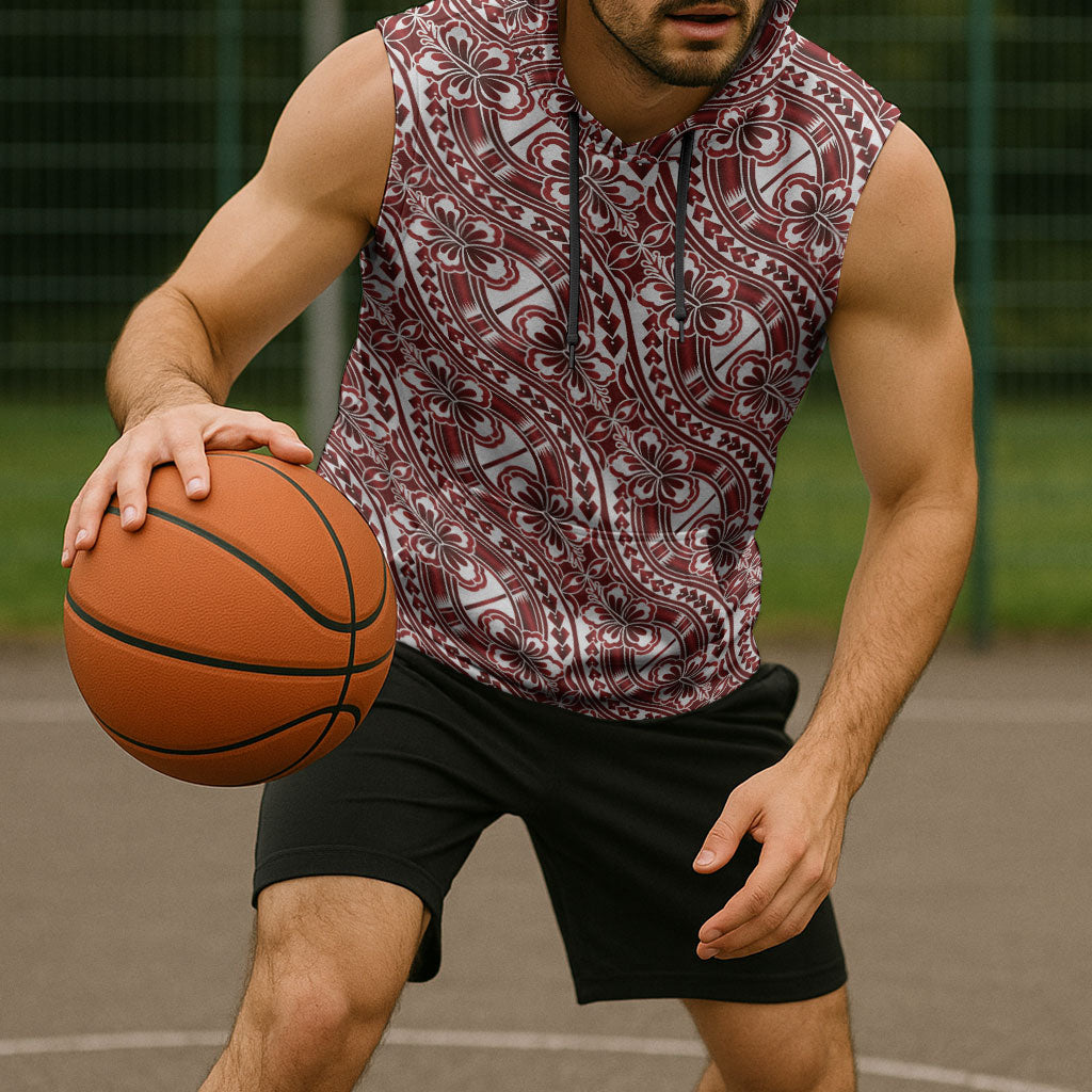 Hibiscus Bloom Island Tribal Waves Sleeveless Hoodie Red Polynesian Pattern