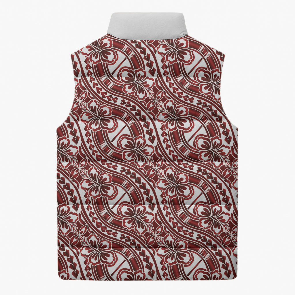 Hibiscus Bloom Island Tribal Waves Sleeveless Puffer Jacket Red Polynesian Pattern