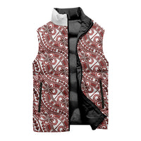Hibiscus Bloom Island Tribal Waves Sleeveless Puffer Jacket Red Polynesian Pattern