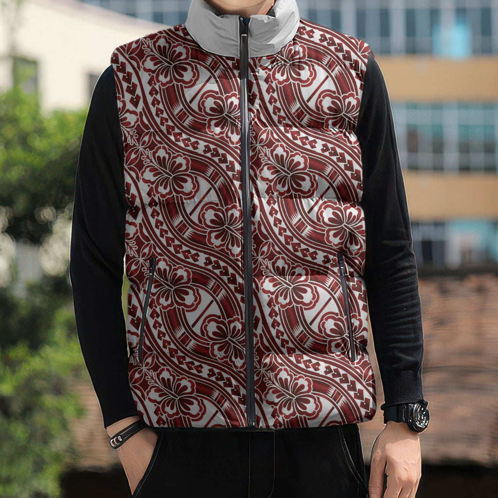 Hibiscus Bloom Island Tribal Waves Sleeveless Puffer Jacket Red Polynesian Pattern