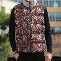 Hibiscus Bloom Island Tribal Waves Sleeveless Puffer Jacket Red Polynesian Pattern