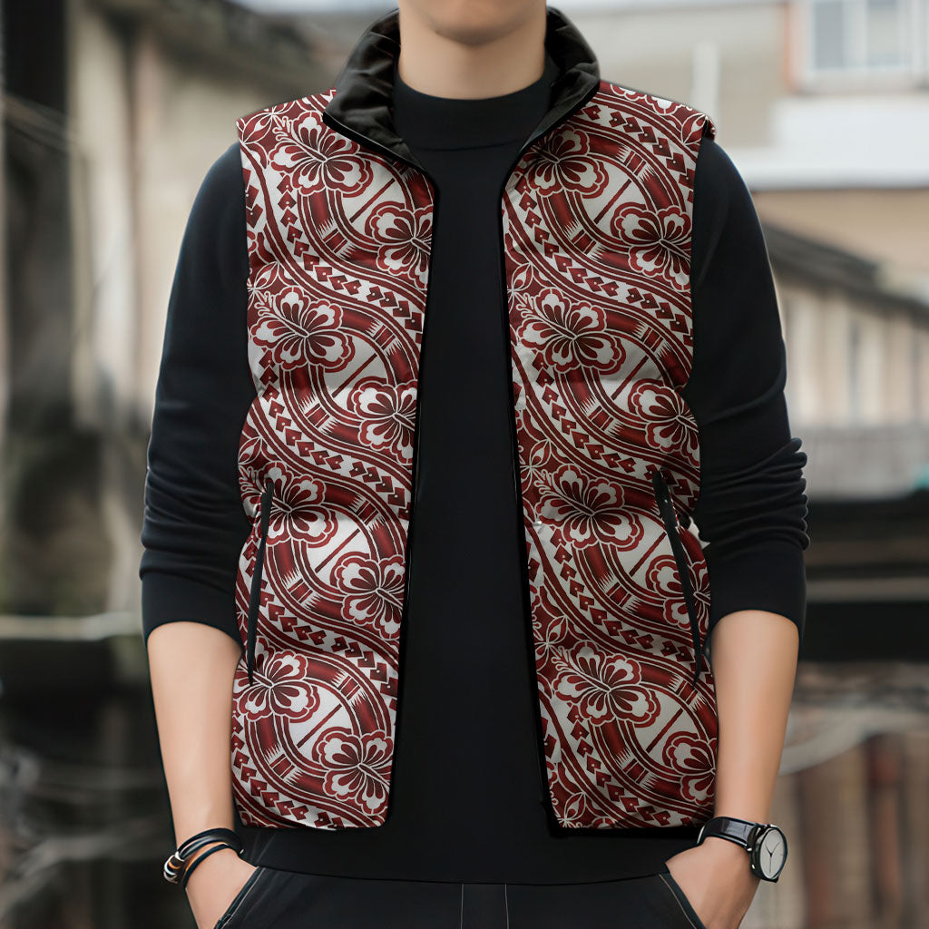 Hibiscus Bloom Island Tribal Waves Sleeveless Puffer Jacket Red Polynesian Pattern