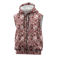 Hibiscus Bloom Island Tribal Waves Sleeveless Zip Hoodie Red Polynesian Pattern