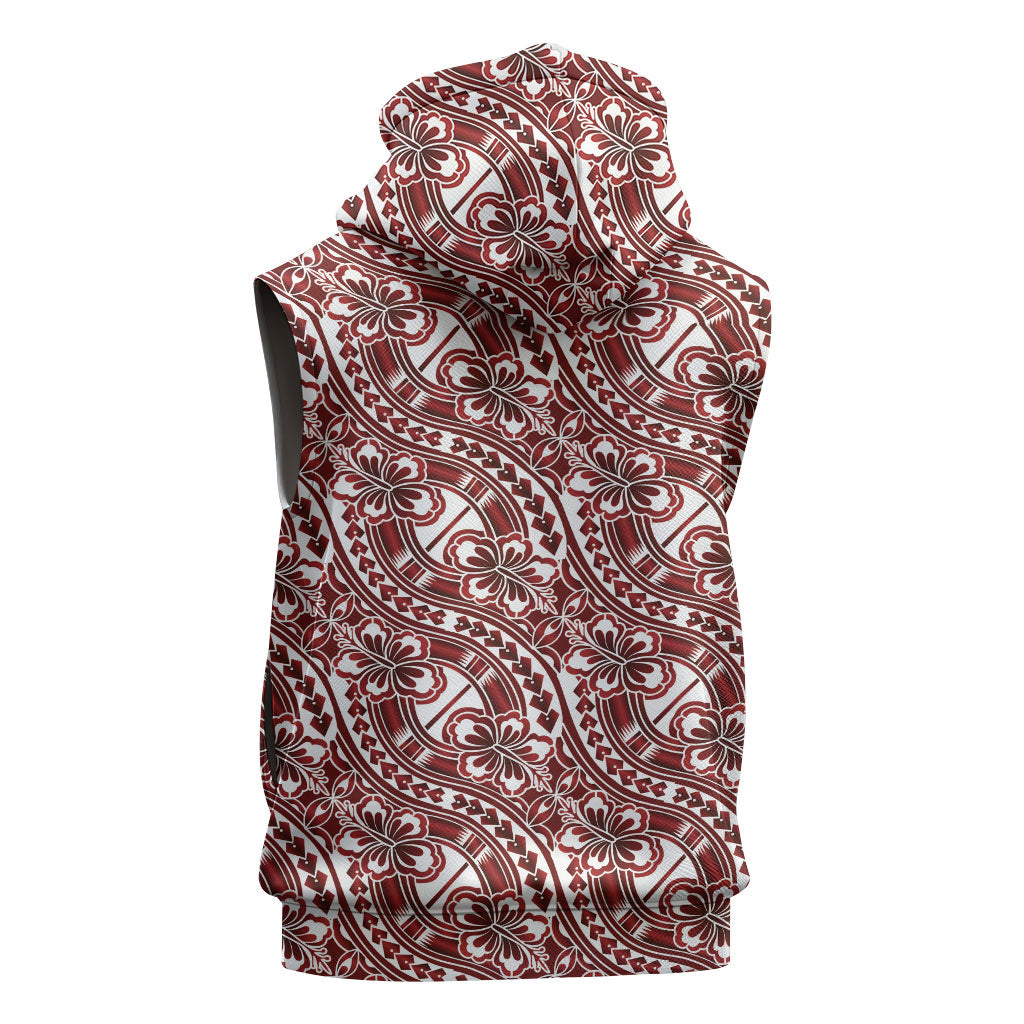 Hibiscus Bloom Island Tribal Waves Sleeveless Zip Hoodie Red Polynesian Pattern