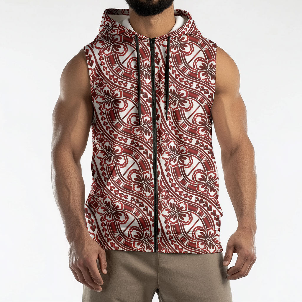 Hibiscus Bloom Island Tribal Waves Sleeveless Zip Hoodie Red Polynesian Pattern