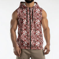 Hibiscus Bloom Island Tribal Waves Sleeveless Zip Hoodie Red Polynesian Pattern