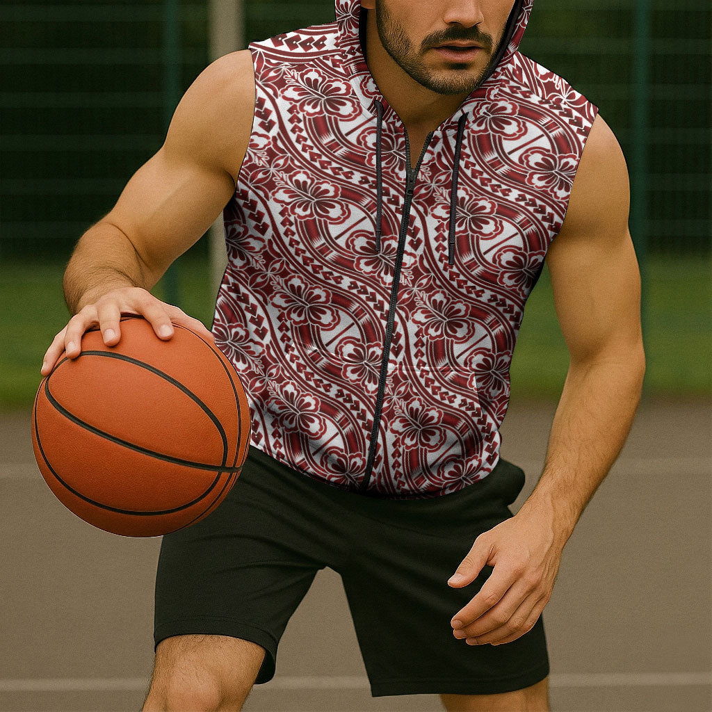 Hibiscus Bloom Island Tribal Waves Sleeveless Zip Hoodie Red Polynesian Pattern