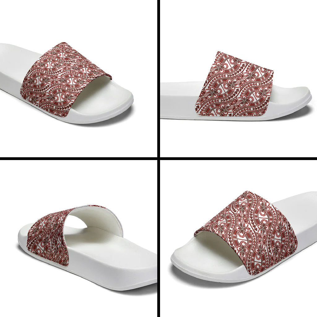 Hibiscus Bloom Island Tribal Waves Slide Sandals Red Polynesian Pattern
