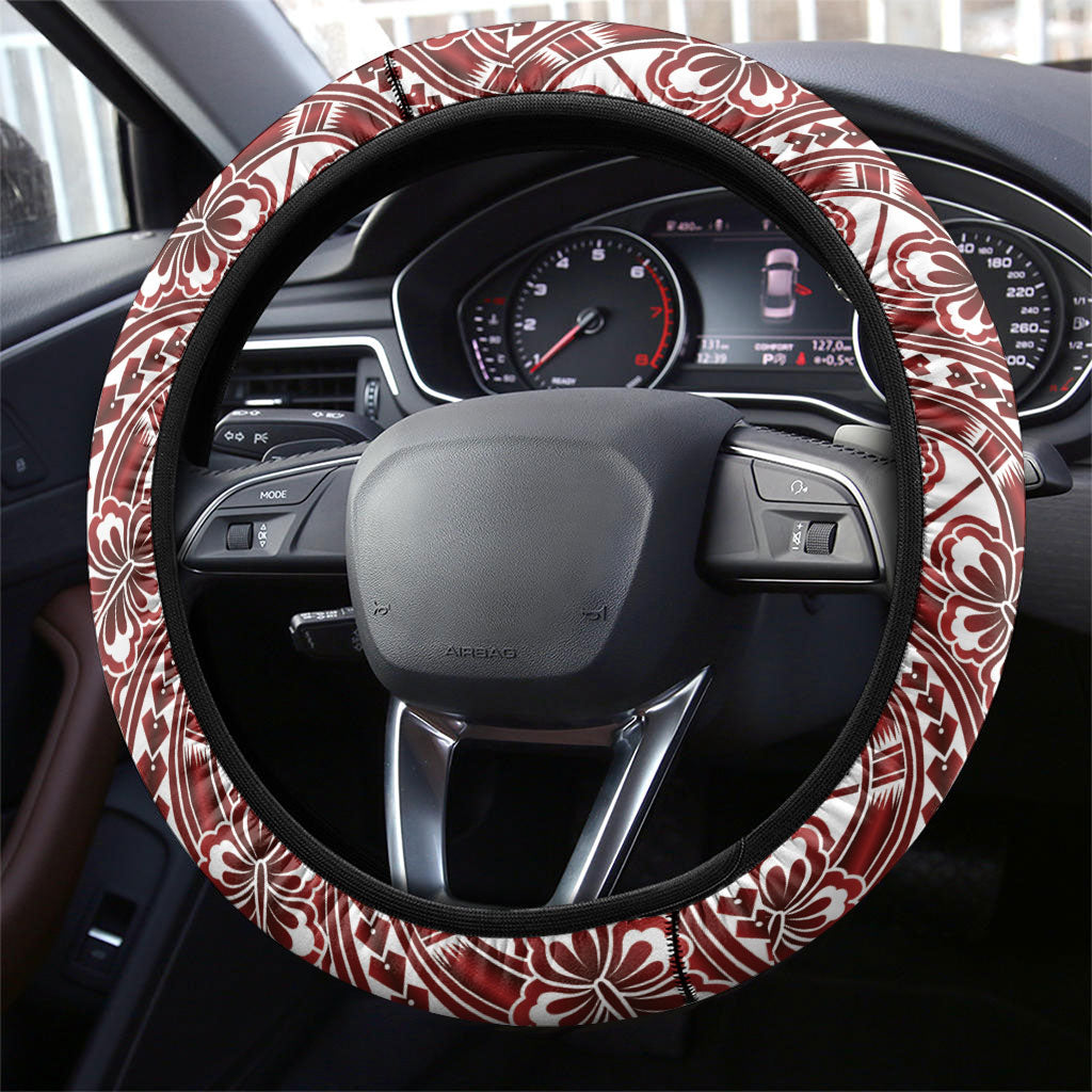 Hibiscus Bloom Island Tribal Waves Steering Wheel Cover Red Polynesian Pattern LT01 - Polynesian Pride