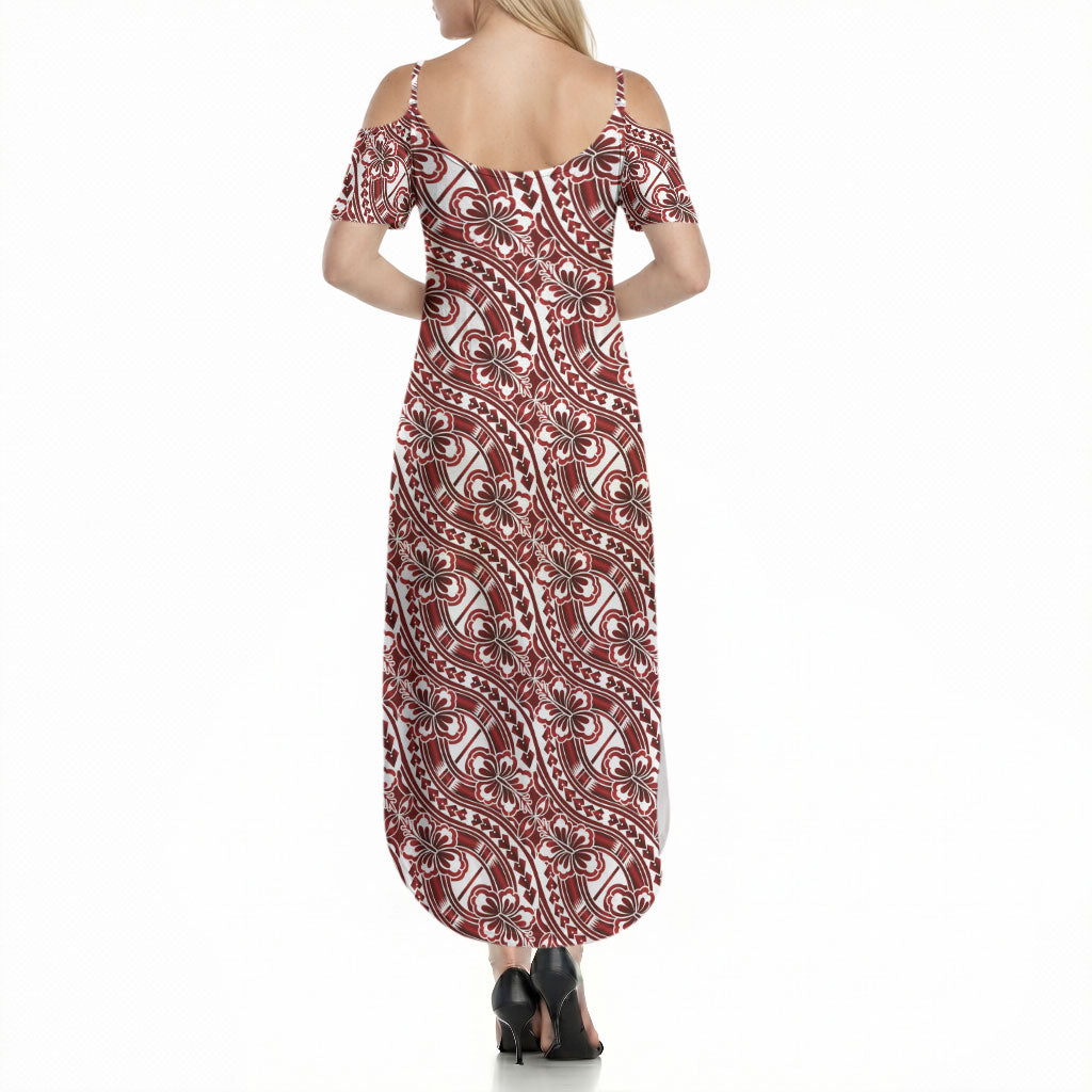 Hibiscus Bloom Island Tribal Waves Summer Maxi Dress Red Polynesian Pattern