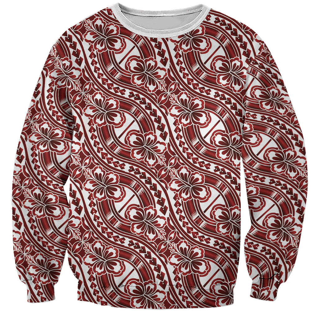 Hibiscus Bloom Island Tribal Waves Sweatshirt Red Polynesian Pattern