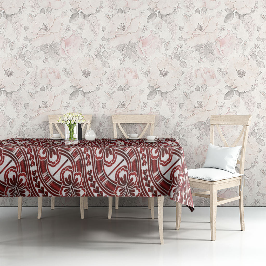 Hibiscus Bloom Island Tribal Waves Tablecloth Red Polynesian Pattern