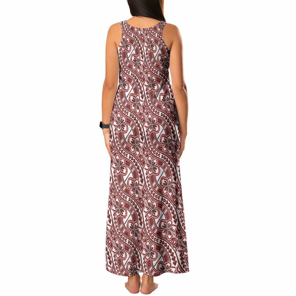 Hibiscus Bloom Island Tribal Waves Tank Maxi Dress Red Polynesian Pattern