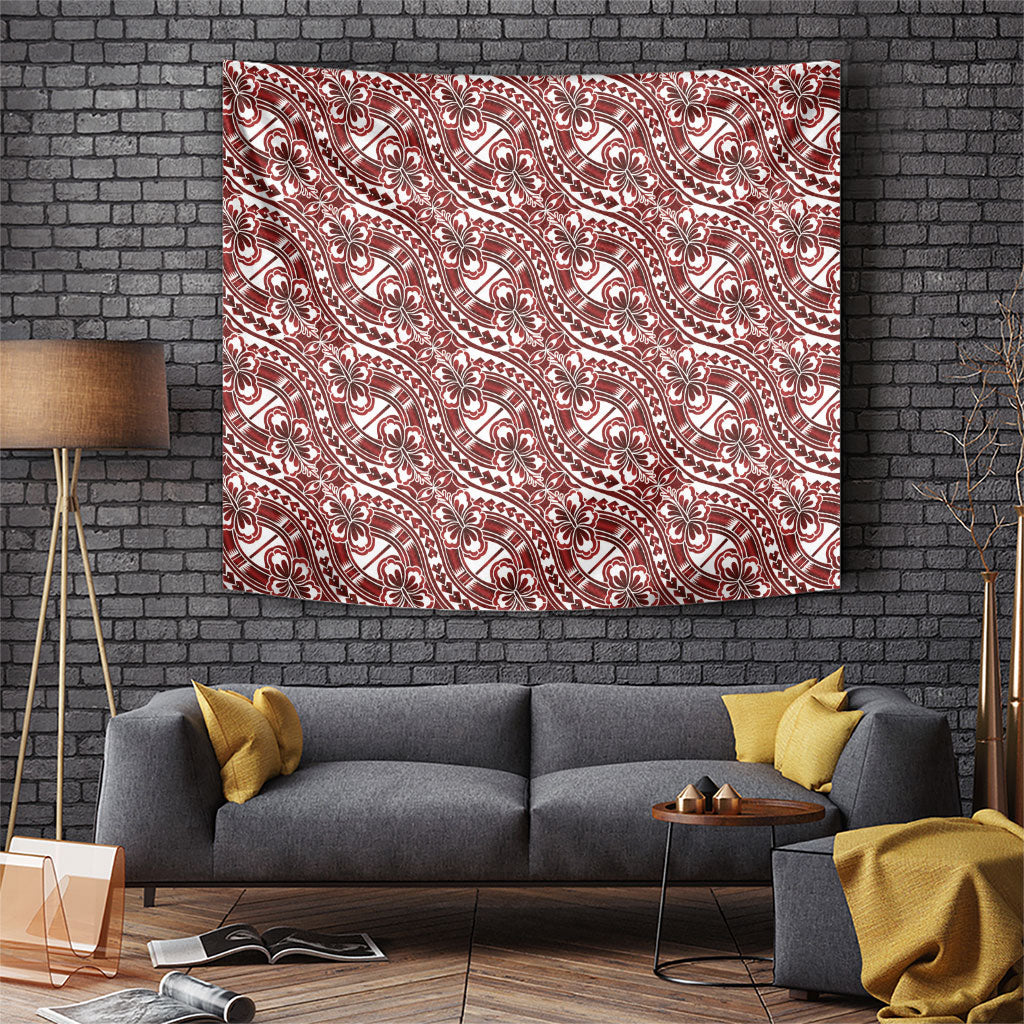 Hibiscus Bloom Island Tribal Waves Tapestry Red Polynesian Pattern