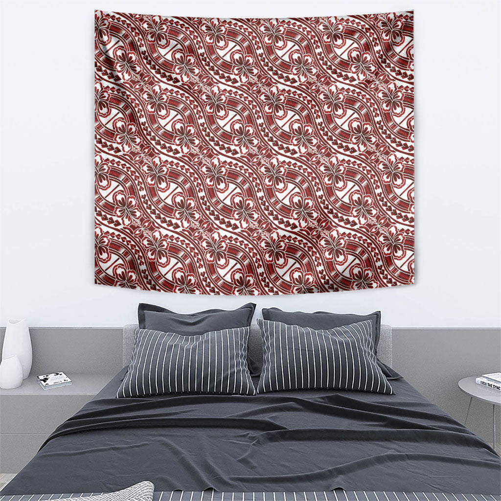 Hibiscus Bloom Island Tribal Waves Tapestry Red Polynesian Pattern