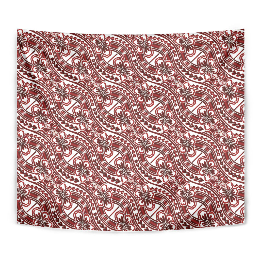 Hibiscus Bloom Island Tribal Waves Tapestry Red Polynesian Pattern