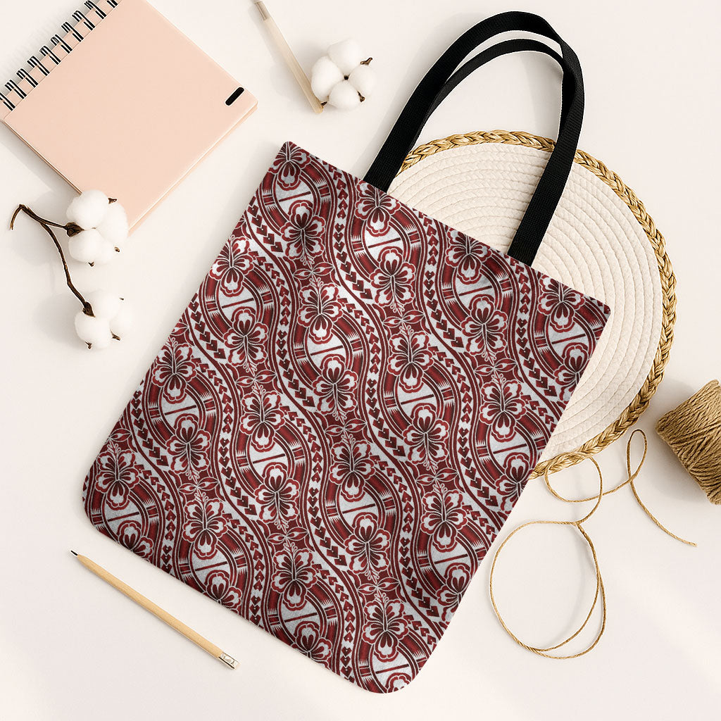 Hibiscus Bloom Island Tribal Waves Tote Bag Red Polynesian Pattern