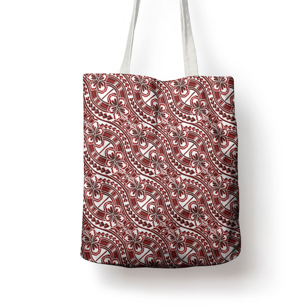 Hibiscus Bloom Island Tribal Waves Tote Bag Red Polynesian Pattern