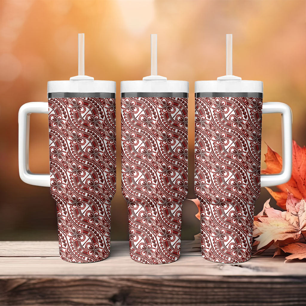 Hibiscus Bloom Island Tribal Waves Tumbler With Handle Red Polynesian Pattern